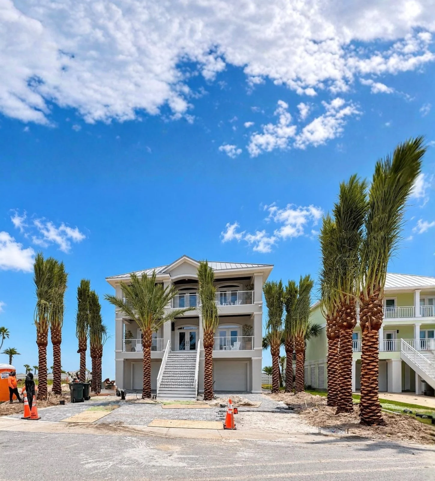 Medjool date palms with diamond-cut trunks outside a coastal home.