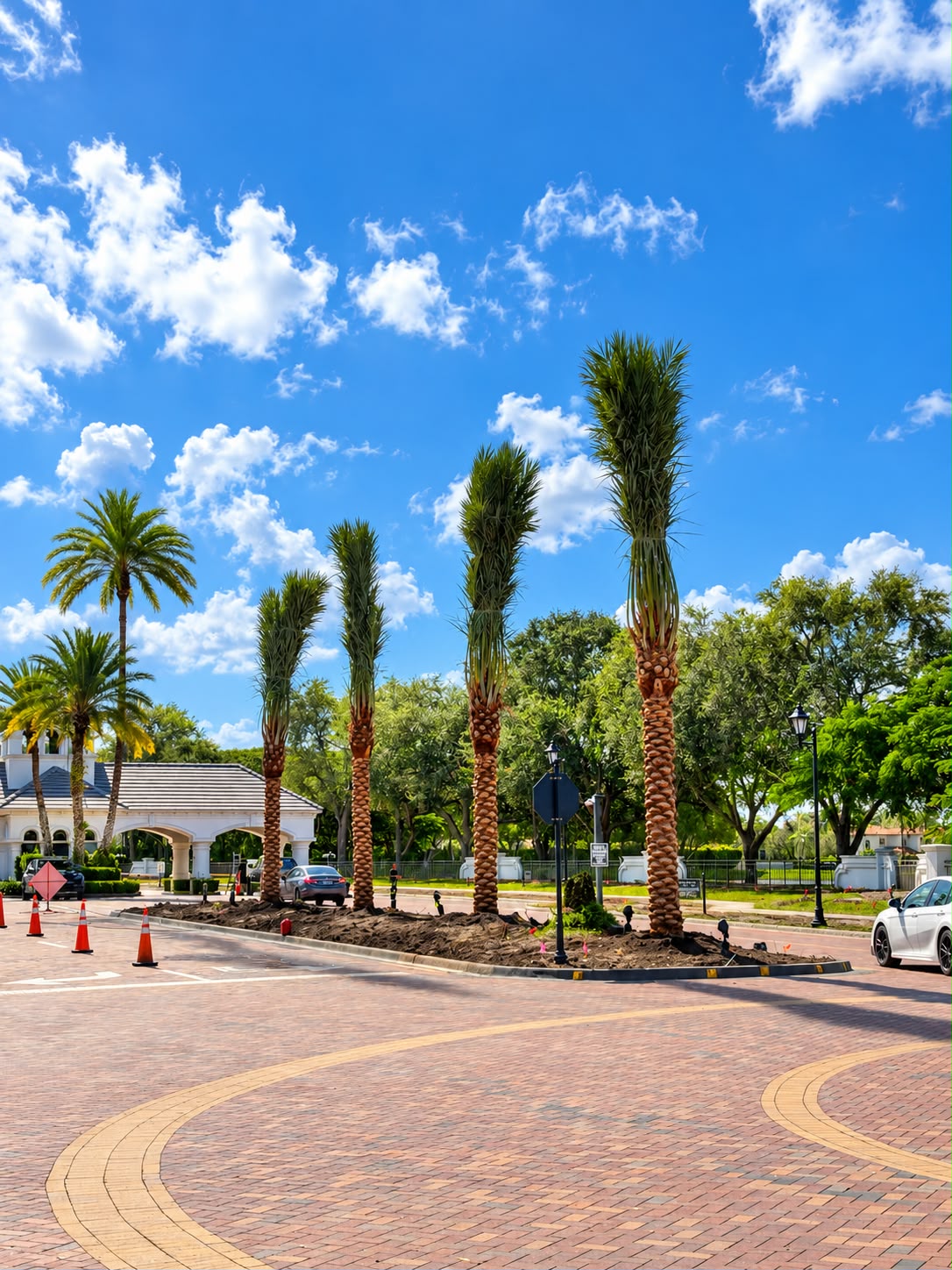 Medjool date palms with diamond-cut trunks outside a coastal home.